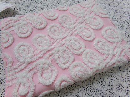 Cute Curlicues Vintage Chenille Fabric, Pink & White 16" x 23" piece