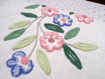 shabby chic vintage chenille bedspread fabric 17.5x24" blue white floral