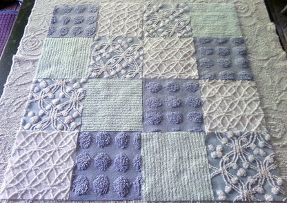 Chenille Fabric Squares Set, "Beach Life", 16 Vintage Quilt Blocks, 6" inch in Blue, Cool Aqua & White