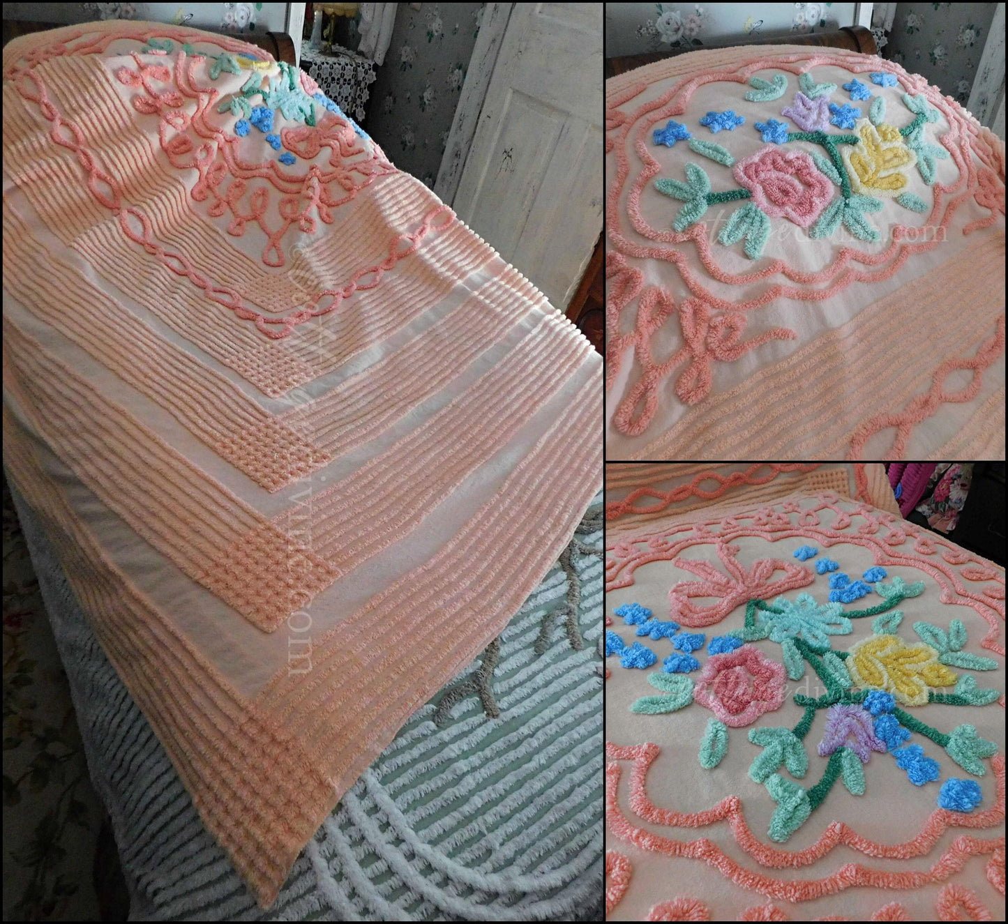 Romantic Vintage Chenille Bedspread, Spring Flowers on Old Fashioned Peach, Full Size 100% Cotton Summer Coverlet