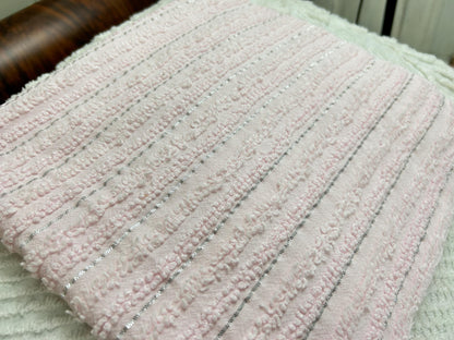 Light Pink Vintage Chenille Fabric, Silver Shimmer Stripes, 22x24"