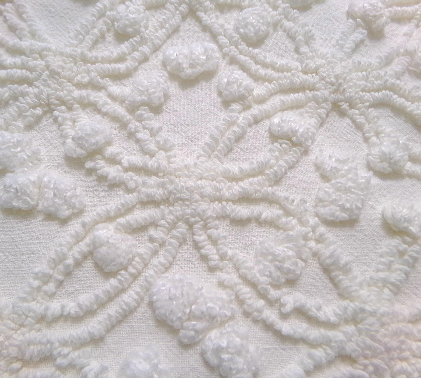 Winter White Snowflakes Vintage Chenille Fabric, neutral tufted pops sewing craft quilt material, 18" x 24" piece
