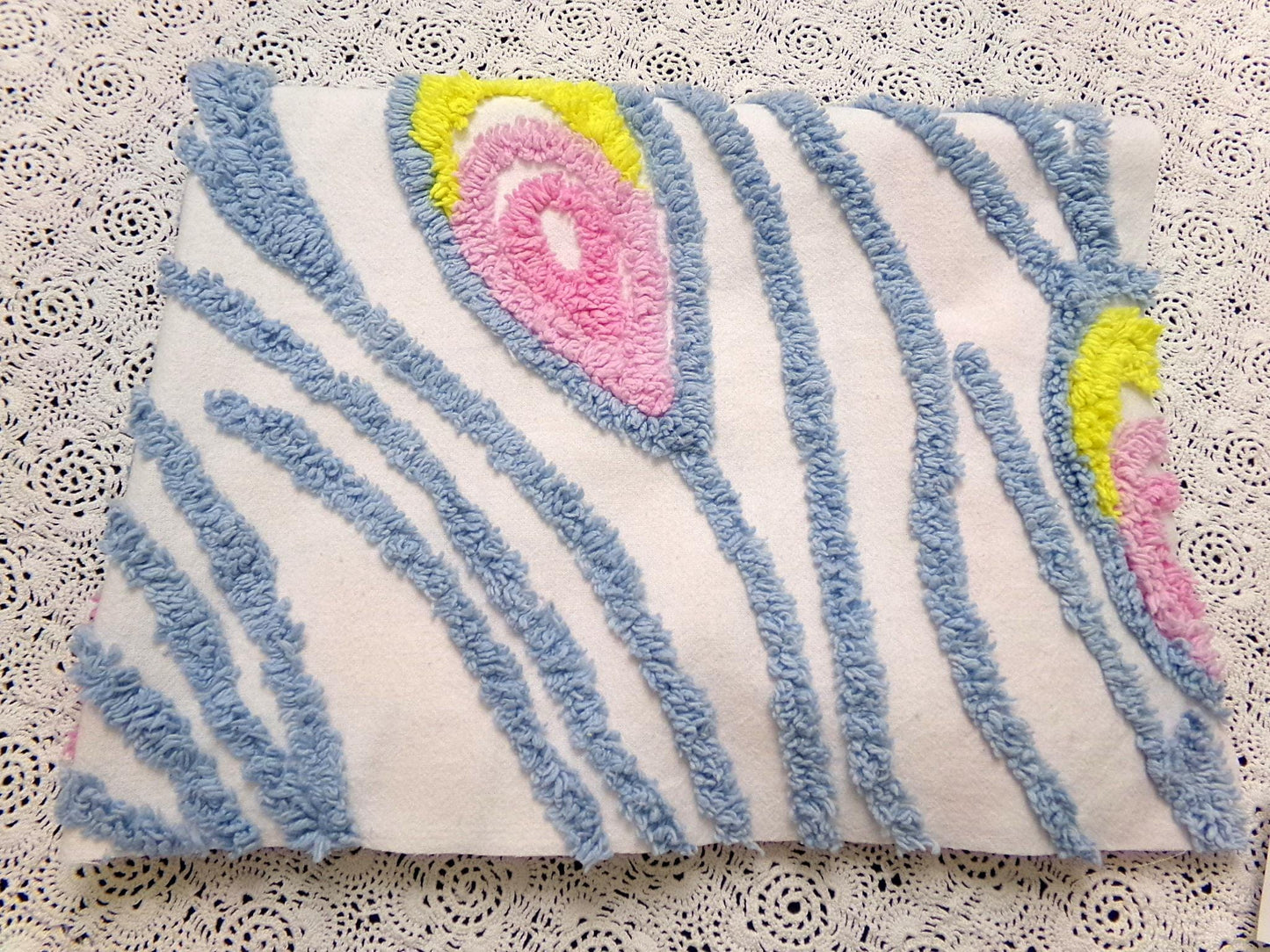 vintage style chenille bedspread fabric boho peacock feathers pink blue 19x26"