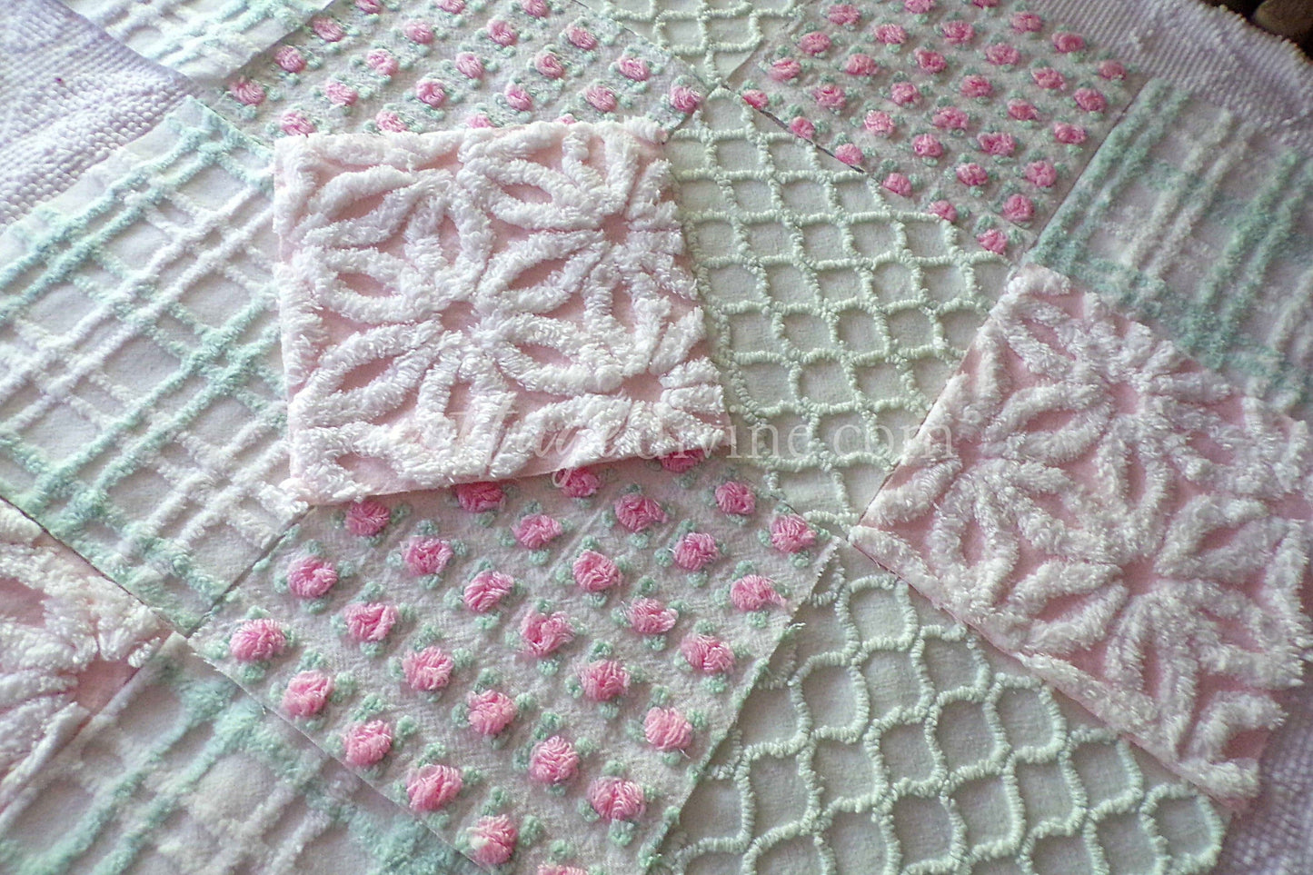 Picnic Pink & Green Chenille Fabric Squares Set of 16 Quilt Blocks, 6" x 6" inches each, Pretty Green, White, Pink Rosebud