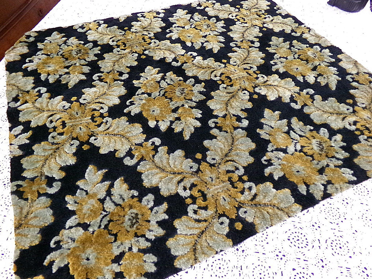 Vintage Damask Velvet Fabric Opulent Soot Black & Silver Grey Gold Upholstery Weight Small Pc 23x25"