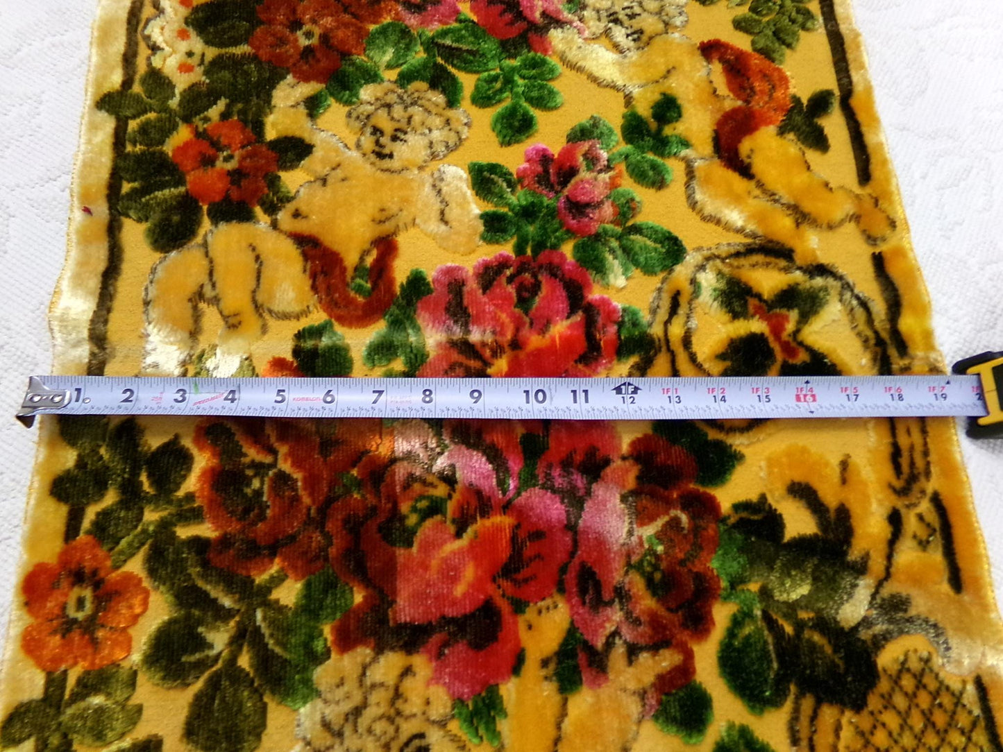 Vintage Cut Velvet Spotlight Shadow Angel Floral Tapestry Panel Fringed Cherub Wall Hanging or Rug 19"x38.5"