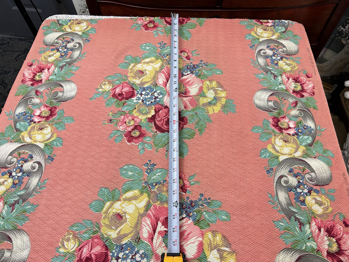 Cabbage Rose Vintage Barkcloth Fabric, Mauve Pink 28x33" Quilt & Craft Panel