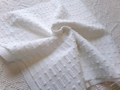 minimalist white vintage chenille fabric: buttonhole design, 18" x 24" cut piece sewing material