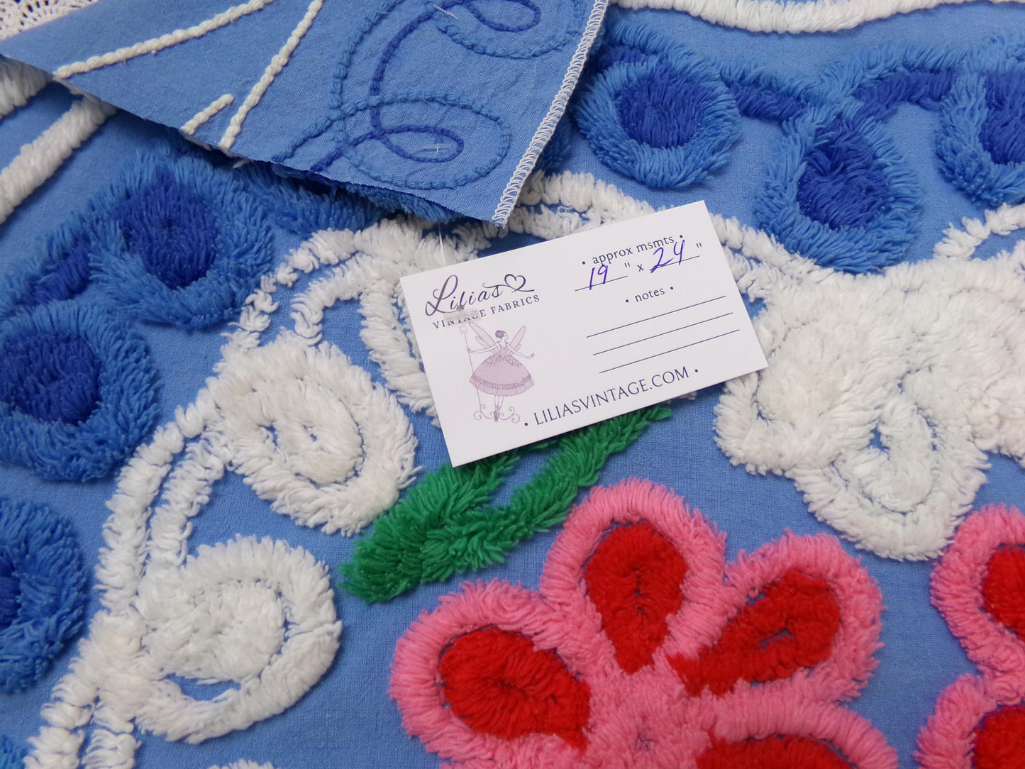 American Spirit Vintage Chenille Fabric Blue Floral Heart Scroll 19x24"