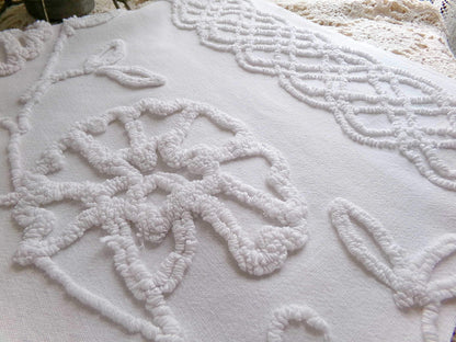 sophisticated white floral vintage chenille fabric, cotton sewing material, 15" x 27" inch piece for crafts & quilting