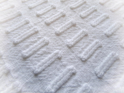 minimalist white vintage chenille fabric: buttonhole design, 18" x 24" cut piece sewing material