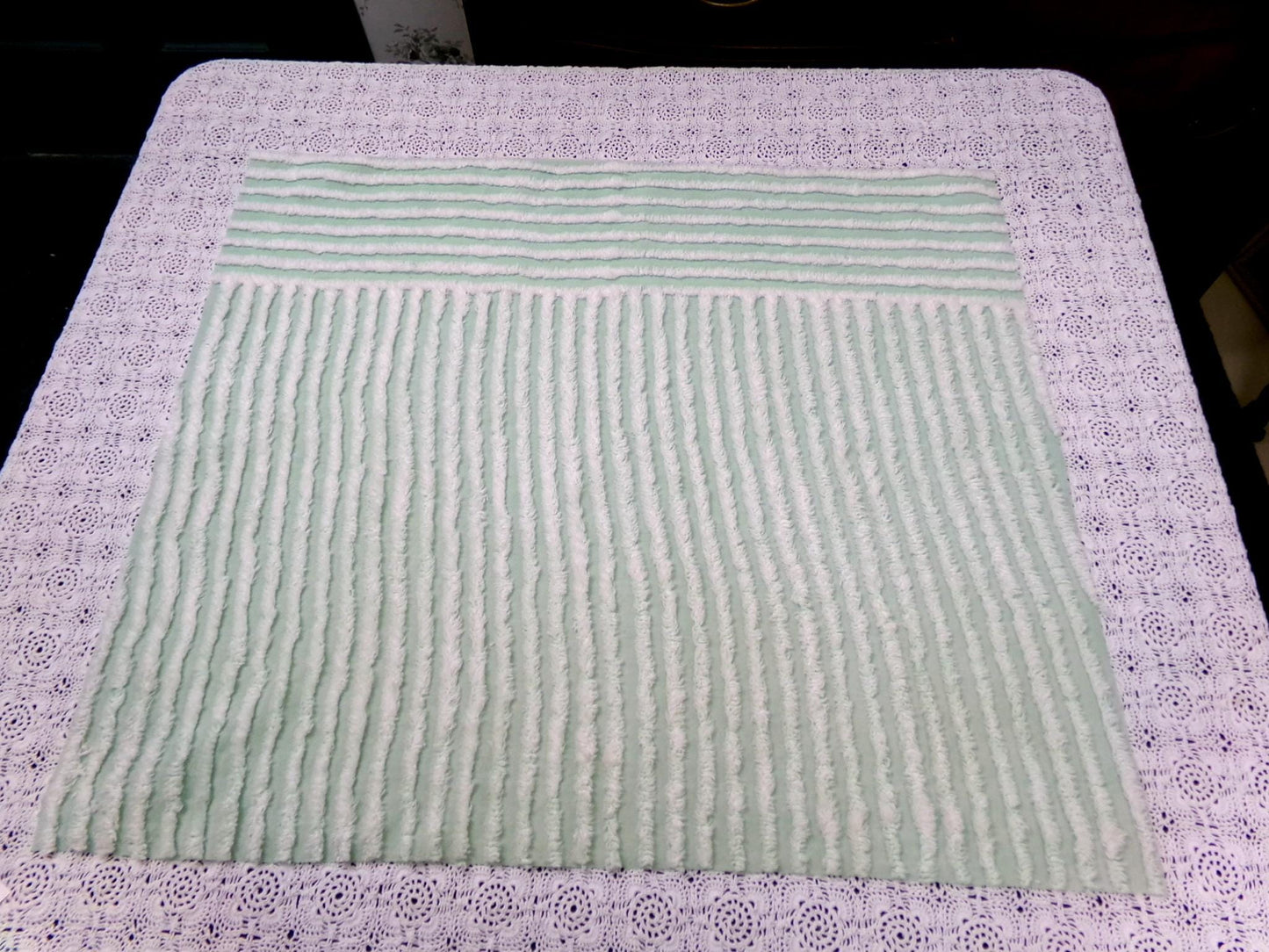 Vintage Mint Green Chenille Bedspread Fabric, White Multidirectional Stripe 24x21"