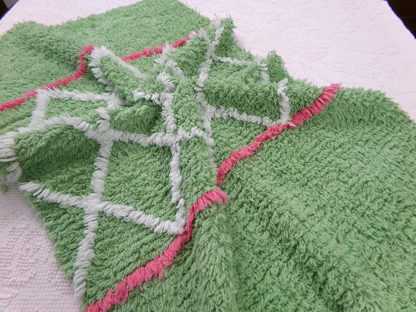 vintage apple green chenille fabric, plush terrytuft geometric design, 18" x 32" piece
