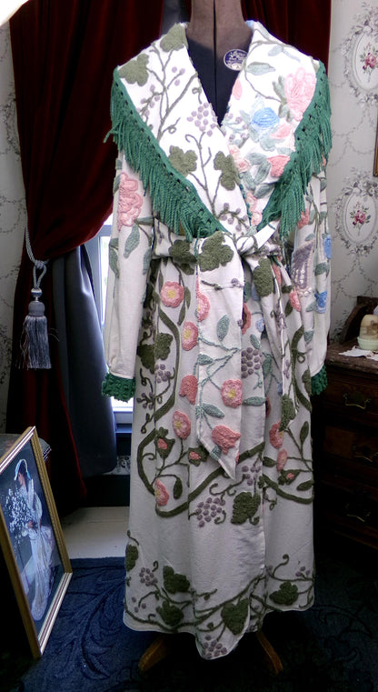 Shabby Distressed Vintage Chenille Robe, Victorian Style Costume Women's Bathrobe, M/L
