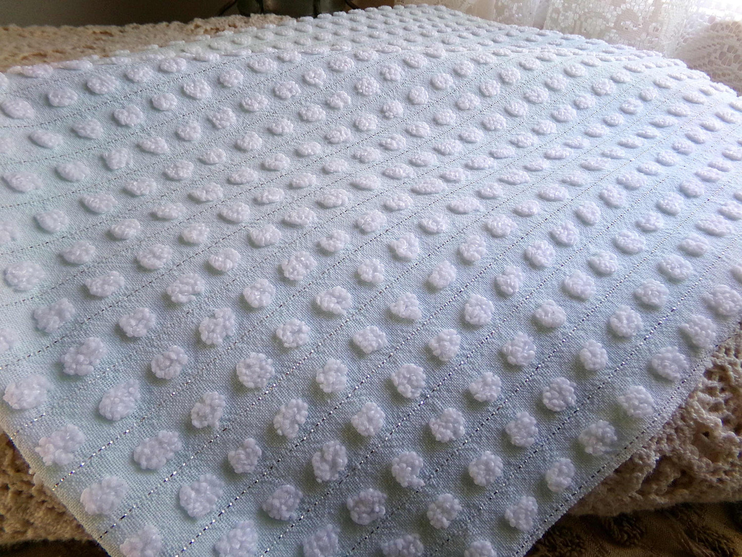vintage chenille bedspread fabric cool aqua white pops silver lurex 18x24"