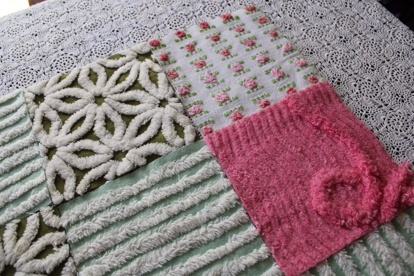boho daisy rose vintage 6" chenille fabric squares, set of 16 textured quilt blocks in olive green, rosy pinks & white for sewing, crafts