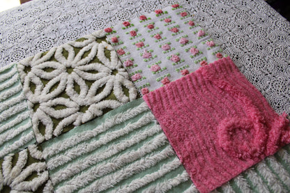 boho daisy rose vintage 6" chenille fabric squares, set of 16 textured quilt blocks in olive green, rosy pinks & white for sewing, crafts
