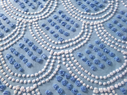 seashell pearls fabric, 20" x 24" inch piece cut from vintage chenille bedspread, beautiful blue & white scallop tufted design