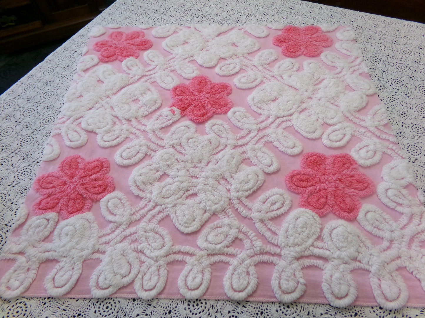 Strawberry Pink Vintage Chenille Fabric Whimsical Floral Sewing Material 21" x 21"
