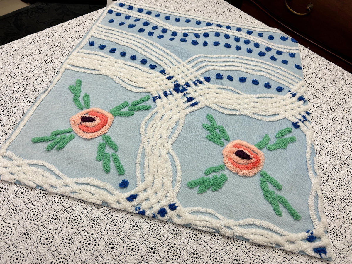 Coastal Blue Vintage Chenille Bedspread Fabric Floral 23x21" Piece