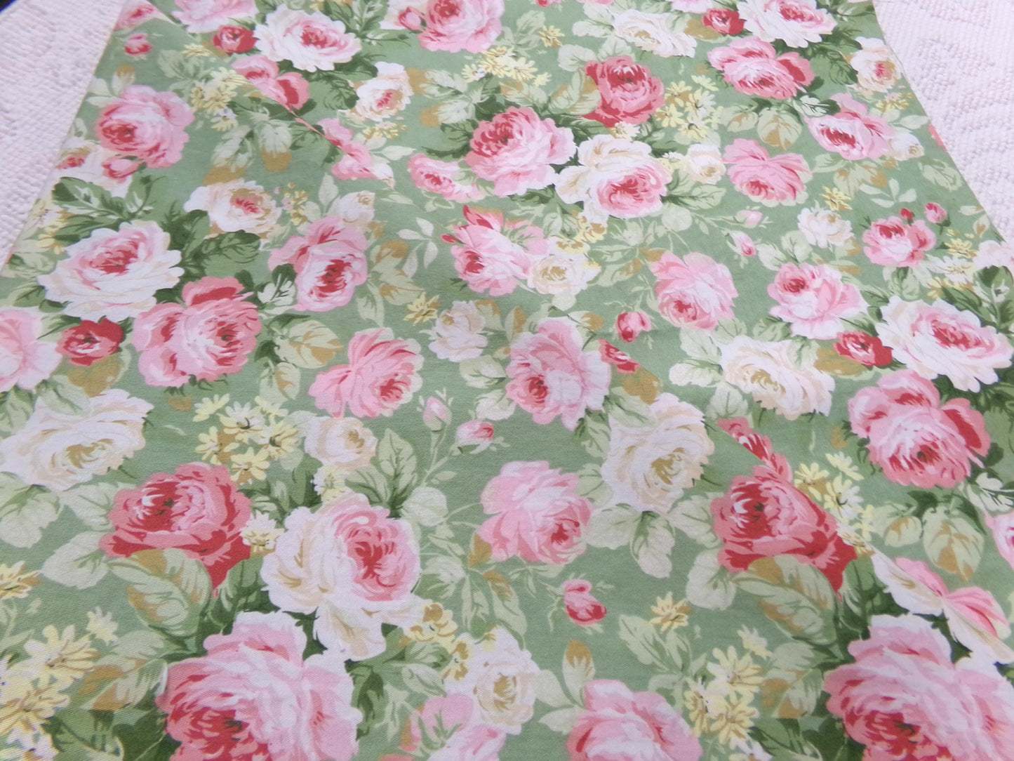 Vintage Cotton Quilt Fabric English Rose Floral Pink Green Shabby Chic Cottage 30" x 36"