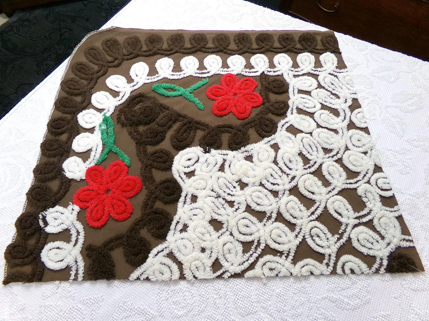 Chocolate Brown Vintage Chenille Bedspread Fabric, cherry red flowers & white swirls sewing material, 20" x 24"