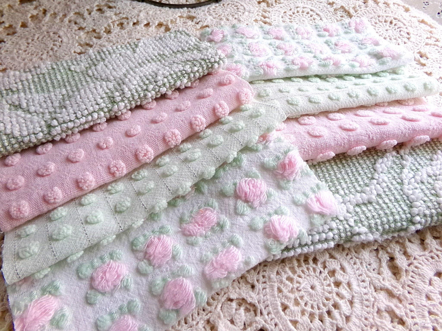 blossom & botanical vintage chenille fabric squares, rotary cut set of 16 quilt blocks 6" each in pink, green