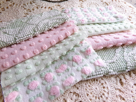 blossom & botanical vintage chenille fabric squares, rotary cut set of 16 quilt blocks 6" each in pink, green