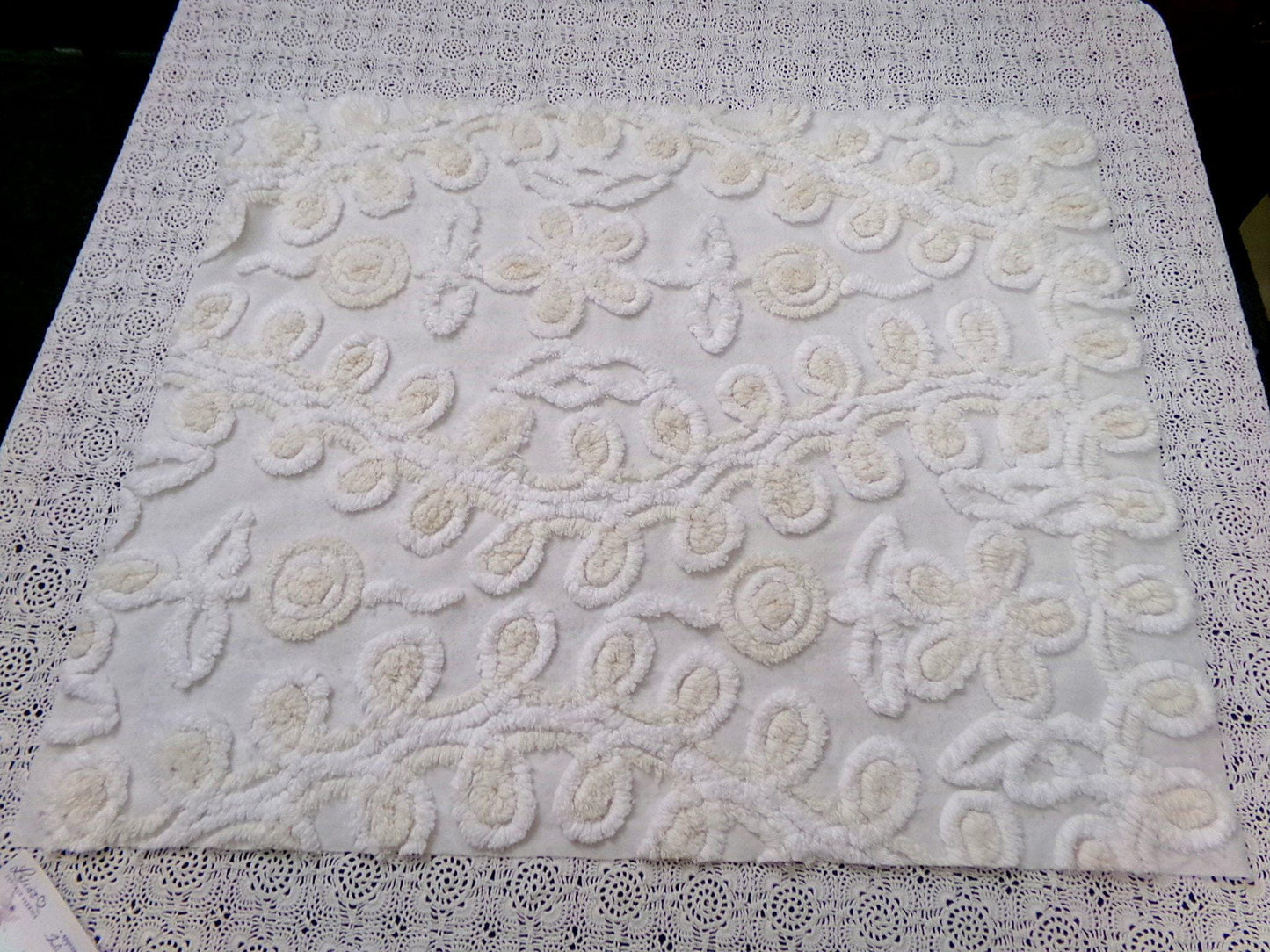 Vanilla Twist Vintage Chenille Fabric Piece 20x25" Floral Curlicue Craft Sewing Material