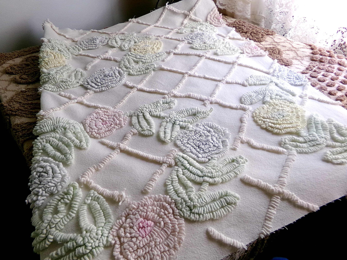 Vintage Chenille Fabric Pastel Spring Floral Wreaths on Antique Cream Cotton, 20" x 24" piece