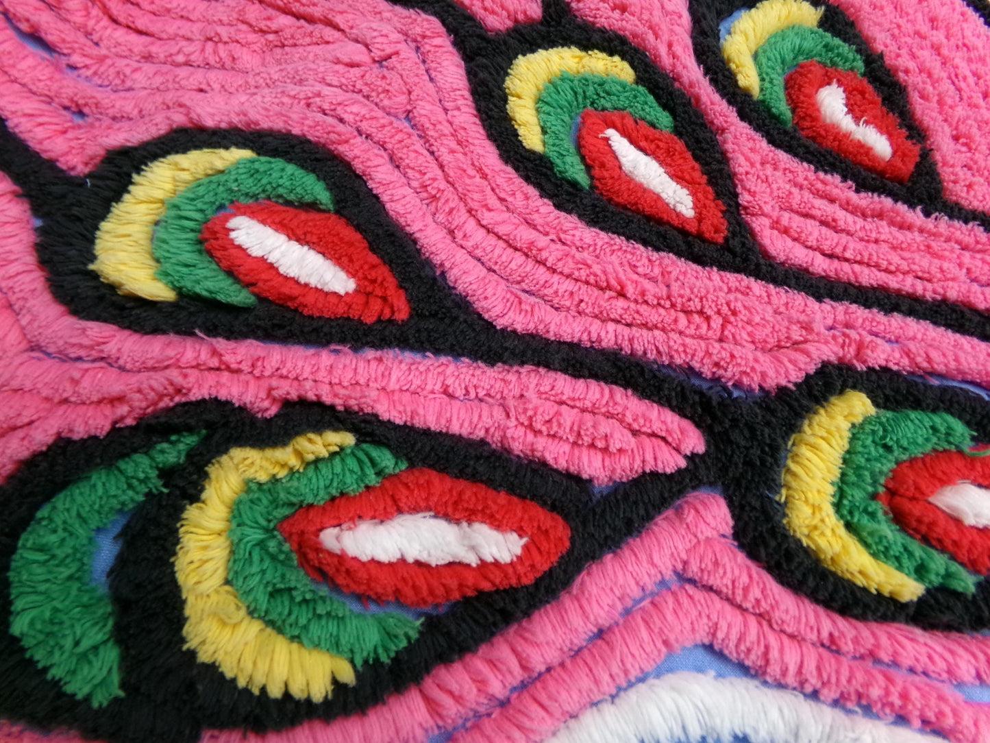 Exotic Artsy Vintage Chenille Bedspread Fabric Piece Pink Peacock Feathers, 19" x 24"