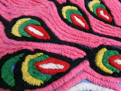 Exotic Artsy Vintage Chenille Bedspread Fabric Piece Pink Peacock Feathers, 19" x 24"