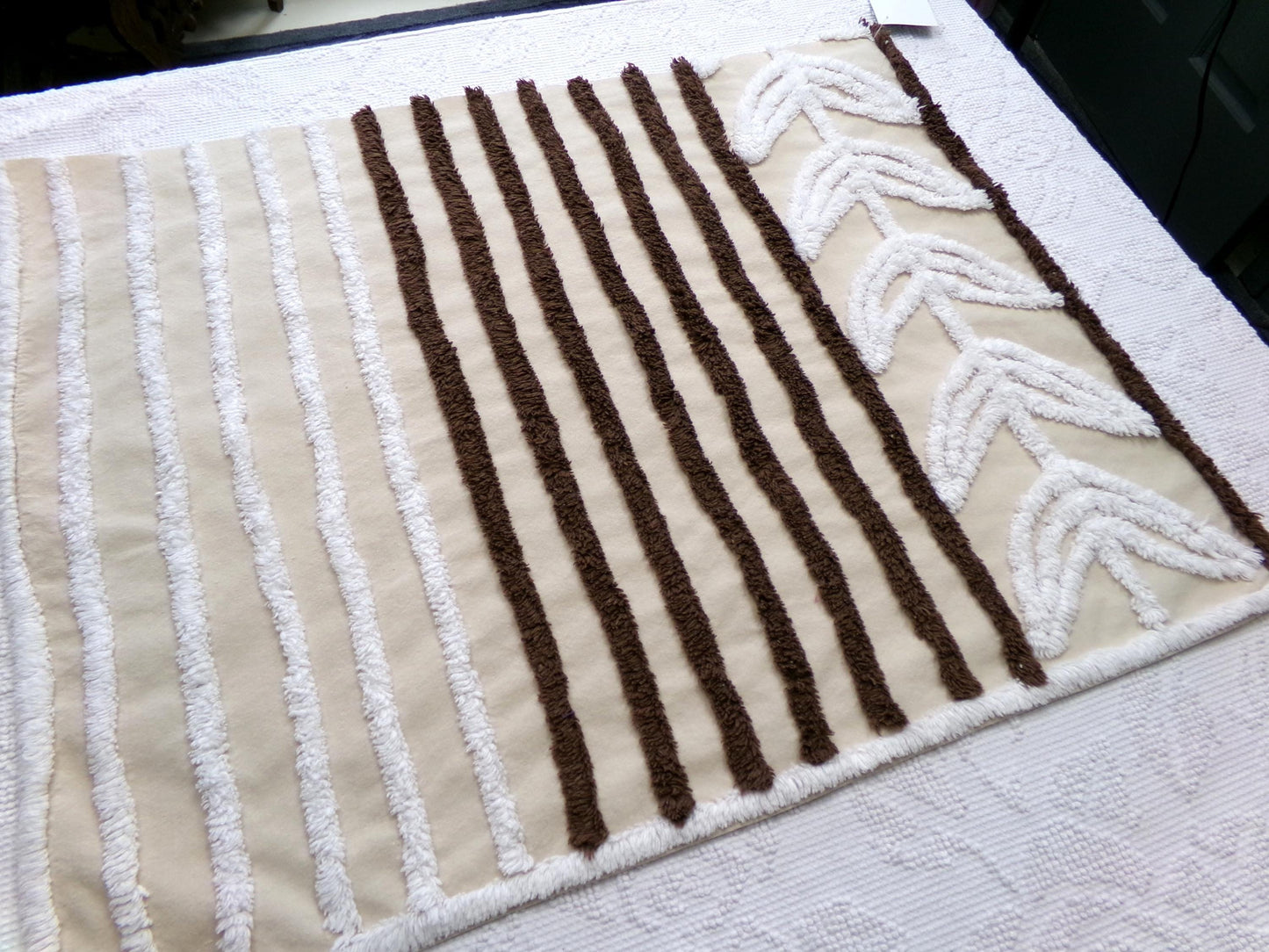 mocha leaf stripe vintage chenille fabric: contrast brown & white striped design, 20" x 24" sewing material for quilting, crafts