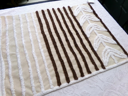 mocha leaf stripe vintage chenille fabric: contrast brown & white striped design, 20" x 24" sewing material for quilting, crafts
