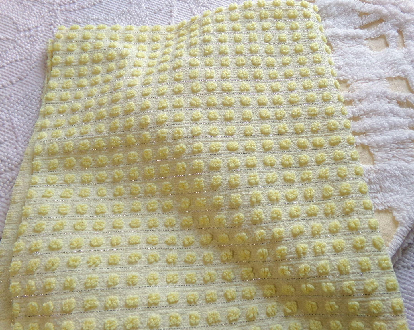 cheery cute yellow pops vintage chenille fabric, nubby dots & silver lurex, 18" x 24" cut piece of sewing material for quilting, crafts
