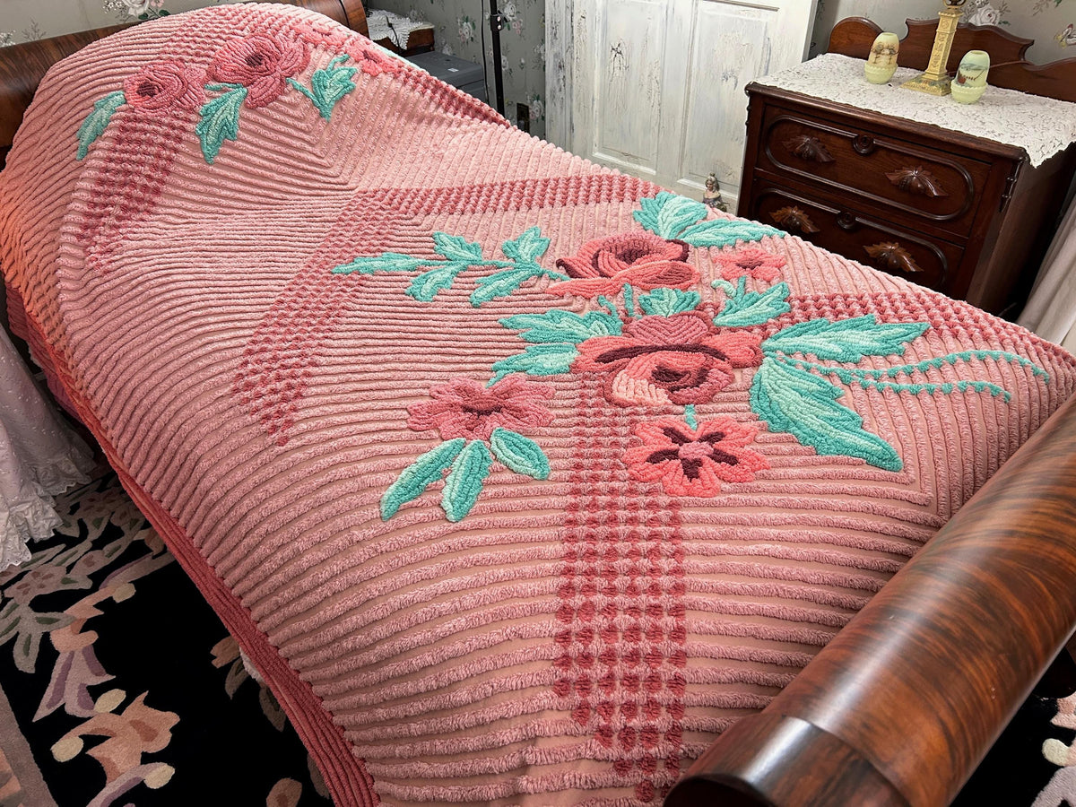 Vintage Chenille Bedspread Twin Dusty Pink Aqua Floral Bouquet Cottage Shabby