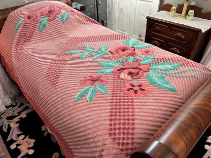 Vintage Chenille Bedspread Twin Dusty Pink Aqua Floral Bouquet Cottage Shabby