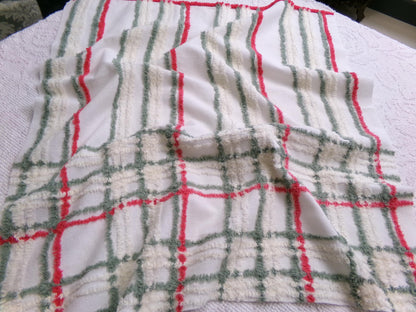 Vintage Chenille Fabric, Rustic Christmas Plaid in Muted Red, Green & Cream, Nice for Shabby Chic Holiday Quilts, 22" x 25" Cut Piece