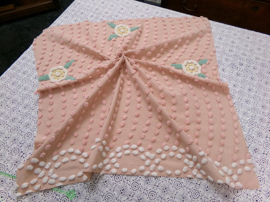 Peachy Popcorn Vintage Chenille Fabric Dot Floral Accent 25 x 25" Shabby Chic