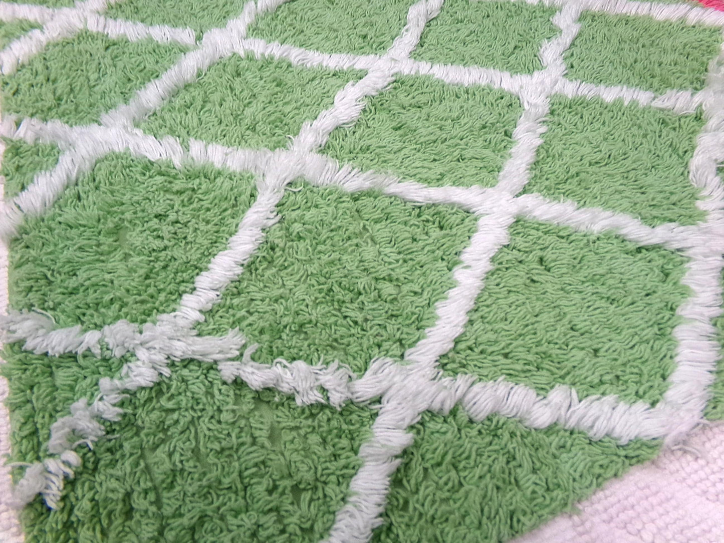 Vintage Chenille Bedspread Fabric Pc, White Trellis on Candy Apple Green, 19" x 20" quilt material