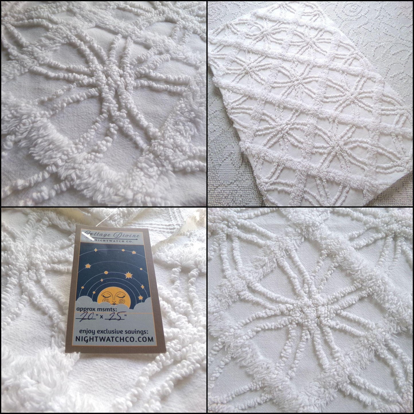 vintage white chenille fabric: webbed windowpane design, 20" x 25" cut piece