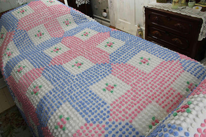 Rare Vintage Chenille Bedspread, Tufted Pink & Blue Popcorns with Rose Pop Flowers, Anne Orr for Cabin Crafts, Full Size Cottage Bedding