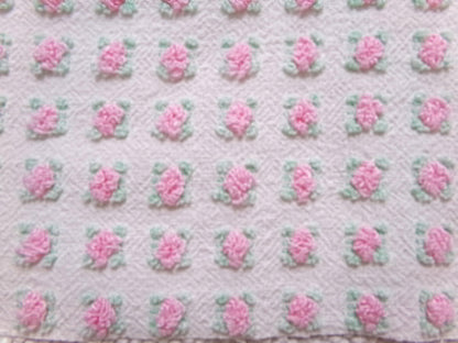 Shabby Tiny Tuft Pink Rosebud Vintage Chenille Fabric, Mini Rose Pattern, 20" x 12"