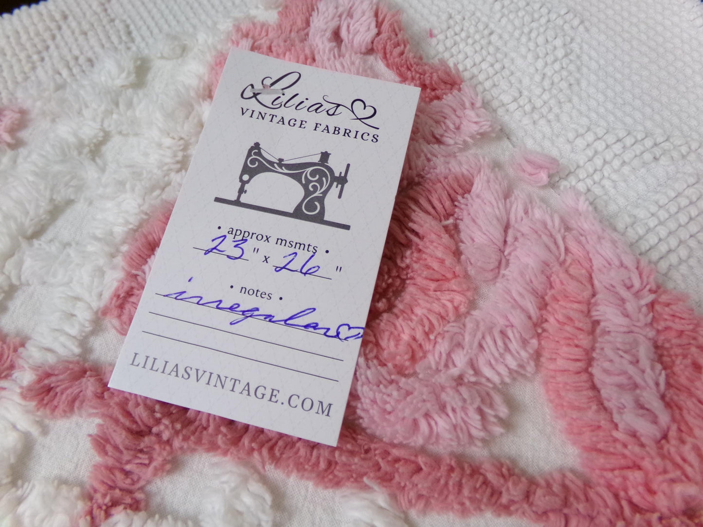 pink & white vintage chenille fabric, geometric rose floral design, 23" x 26" piece sewing material