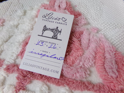 pink & white vintage chenille fabric, geometric rose floral design, 23" x 26" piece sewing material