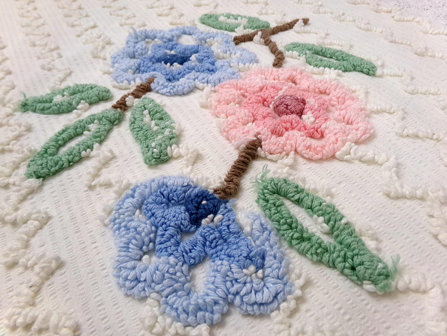 Vintage Chenille Fabric, Tufted Floral Bouquet on Cotton Seersucker, 19x26"