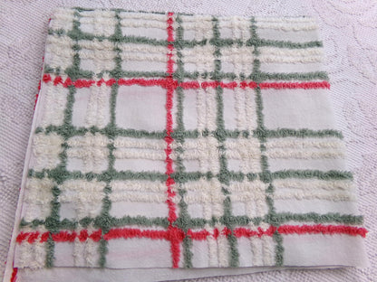 Vintage Chenille Fabric, Rustic Christmas Plaid in Muted Red, Green & Cream, Nice for Shabby Chic Holiday Quilts, 22" x 25" Cut Piece