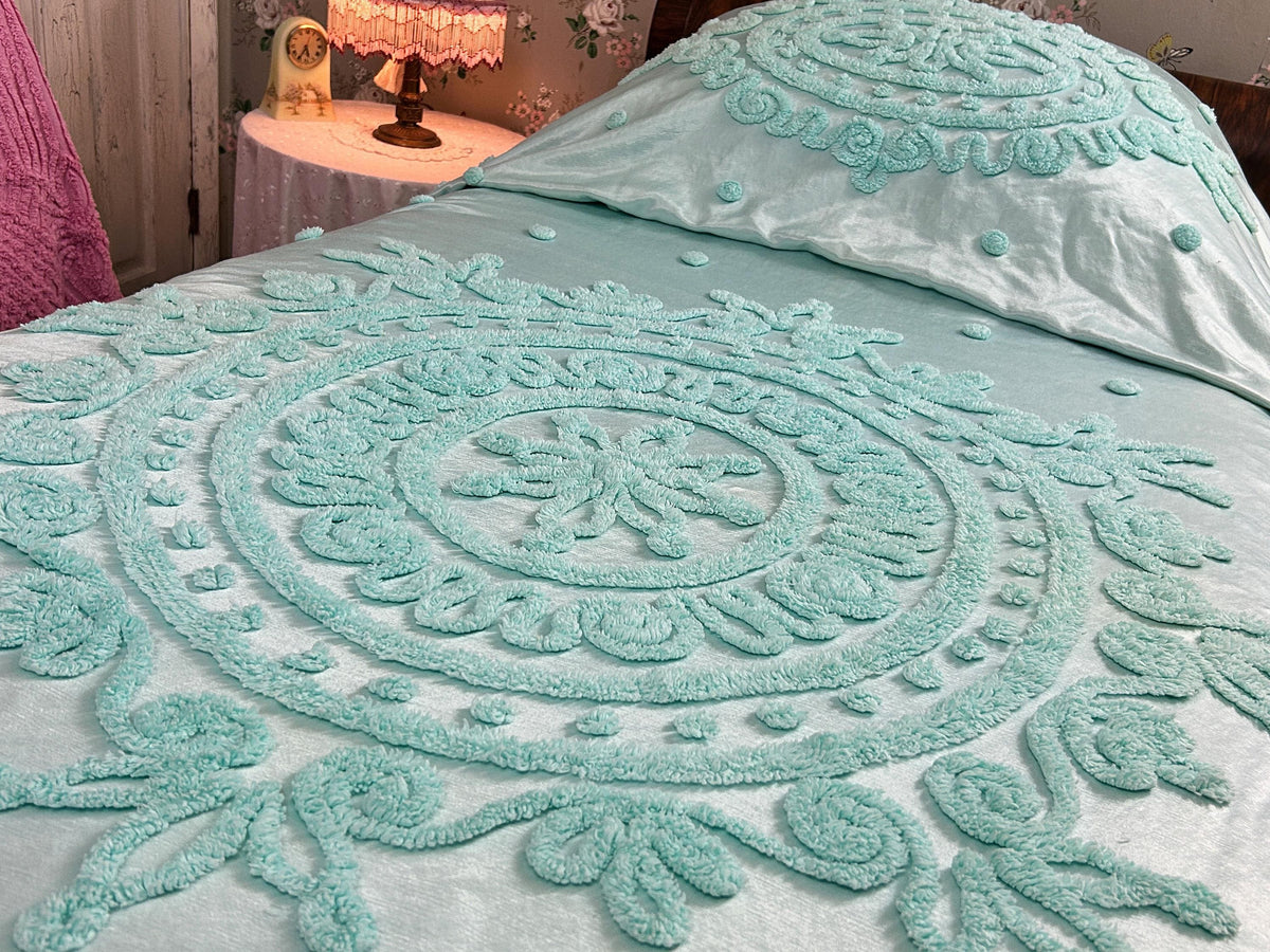 Seafoam Vintage Satin Bedspread Aqua Glamour Tufted Chenille Full Sz