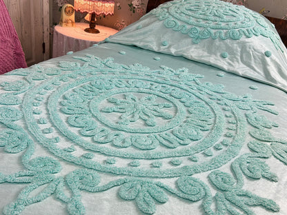 Seafoam Vintage Satin Bedspread Aqua Glamour Tufted Chenille Full Sz