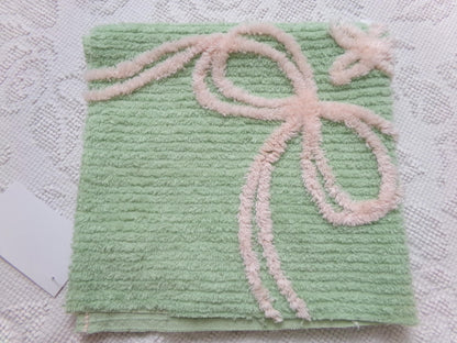 Peaceful Mint Green Vintage Chenille Fabric Pink Bow Star Lily, 19" x 18"